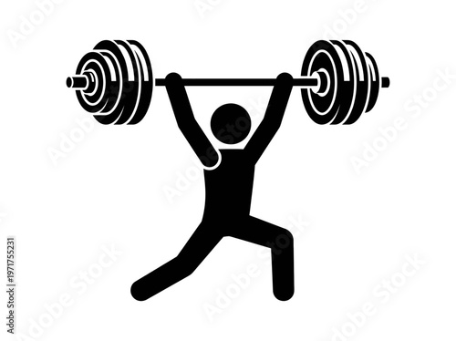 Male Athlete Stick Figure Performing Olympic Weightlifting Split Jerk with Heavy Barbell Vector Illustration