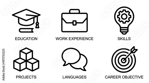 Professional Resume and Curriculum Vitae Icon Set with Education, Work Experience, Skills, and Career Objective Symbols