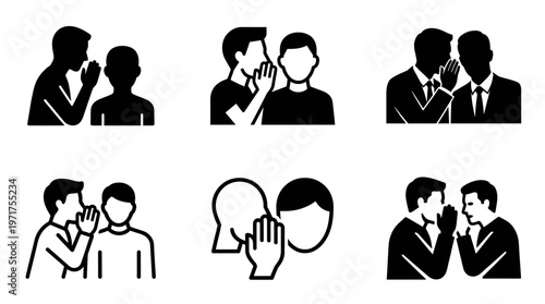 Secret Communication Icon Set Featuring People Whispering, Sharing Rumors, and Confidential Gossip Symbols