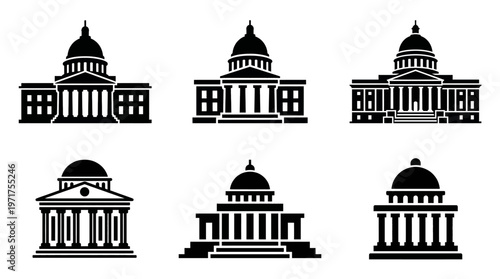 Government Building and Capitol Architecture Icon Set featuring Neoclassical Dome and Statehouse Symbols
