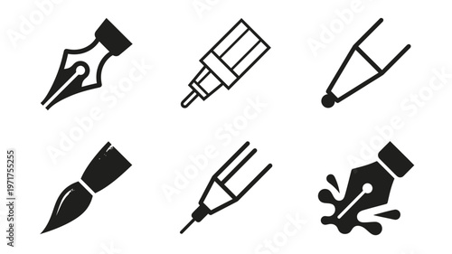 Artistic Writing and Drawing Tools Icon Set Featuring Fountain Pen Nib, Paintbrush, Technical Pen, and Ink Splatter Symbols