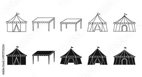 Collection of outline and solid black icons of tents and marquees for outdoor events and celebrations, suitable for graphic design