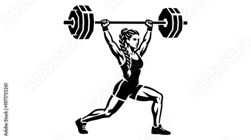 Female Athlete Performing Olympic Weightlifting Split Jerk with Barbell Vector Illustration