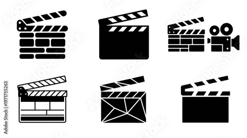 Movie Film Slate and Cinema Production Icon Set with Clapperboard, Video Camera, and Filmmaking Industry Symbols