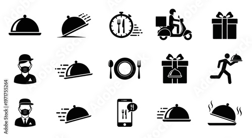 Collection of food delivery and restaurant icons, symbolizing service and speed