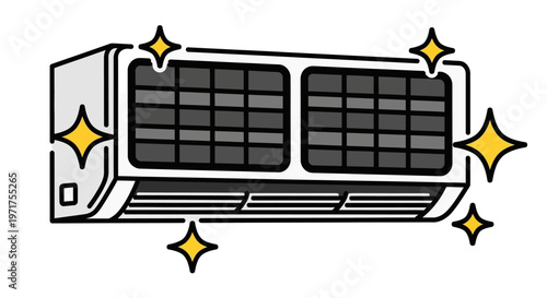 Sparkling clean air conditioner unit with emanating shiny stars, symbolizing fresh, purified air and efficient cooling for a comfortable home environment