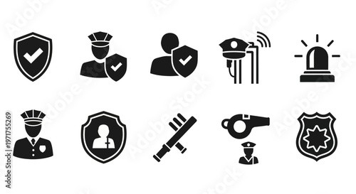 Collection of police and security icons representing protection, law enforcement, and safety measures for digital and print use