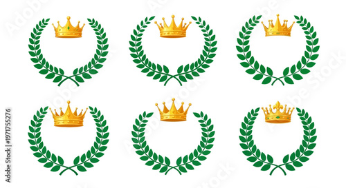 Set of elegant gold crowns nestled within verdant laurel wreaths, representing triumph, honor, and prestigious recognition