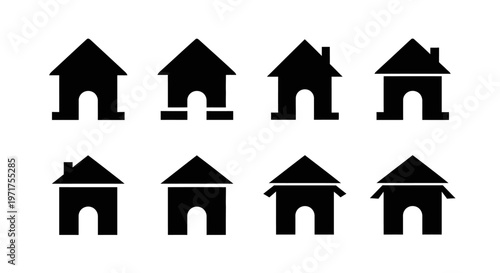 Diverse collection of black house silhouette icons representing home, property, real estate, and residential building concepts on a white background
