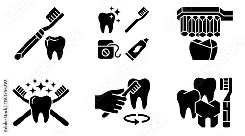 Dental Care and Oral Hygiene Icon Set Featuring Tooth Brushing, Dental Floss, Toothpaste, and Professional Stomatology Symbols