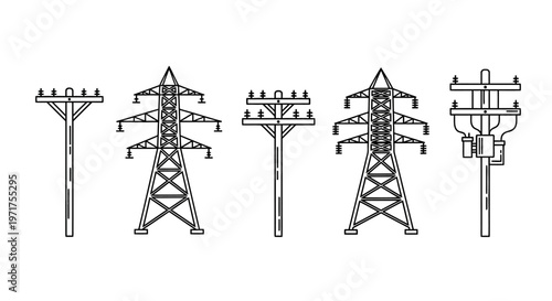 Essential power grid elements A conceptual illustration of various electricity transmission poles and towers for modern energy distribution