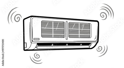 Cooling and heating appliance for climate control in a room, indicating air circulation with sound waves