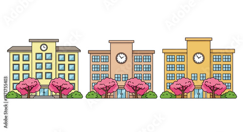 Collection of three charming cartoon school buildings adorned with blooming cherry blossom trees, symbolizing education and the vibrant spring season