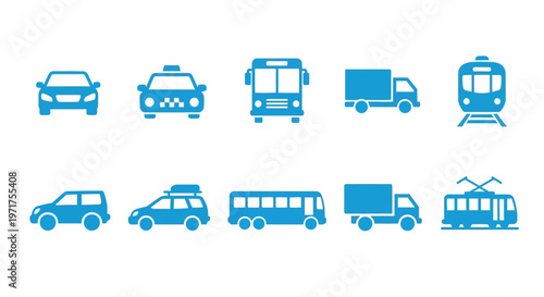 Collection of vector icons representing different types of vehicles including cars, trucks, buses, and trains