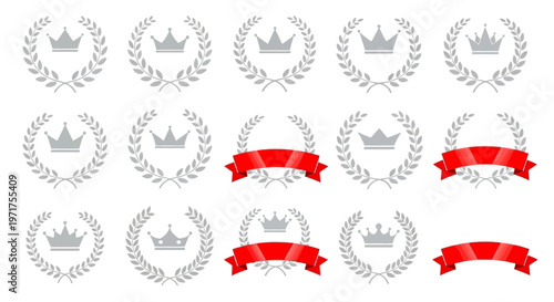 Collection of Silver Laurel Wreaths and Red Ribbons with Crowns for Awards and Recognition Design Elements