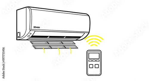 Modern home cooling system with wall-mounted air conditioner unit and remote control for climate regulation