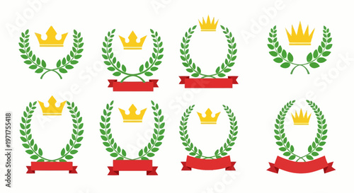 Collection of Golden Crown Laurel Wreaths with Red Ribbons on White Background