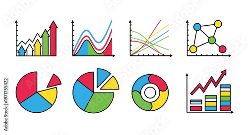 Collection of assorted bar charts, line graphs, pie charts, and a network graph, representing data visualization and analytics