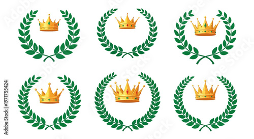 Elegant Set of Golden Crowns Adorned with Lush Green Laurel Wreaths, Symbolizing Victory, Royalty, and Achievement