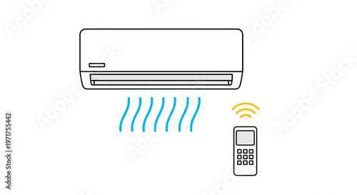 Aesthetic illustration of a modern air conditioner unit with a remote control sending signals, symbolizing cool air circulation and climate control