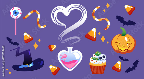 Halloween candies, spooky icons and festive sweets in cartoon style on a purple background, conveying a playful holiday theme. Hand-drawn vector illustration