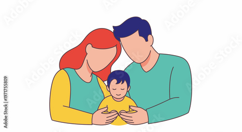 Stylized illustration of a family with a young child.