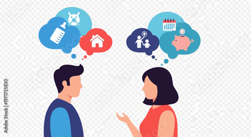 Two people communicate about family home and finances with thought bubbles.
