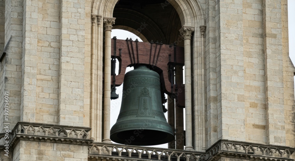 Obraz premium Large bronze bell suspended in a stone tower's arched opening