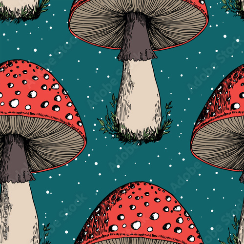 Seamless pattern with mushrooms. Hand drawn vector illustration. Vegan food menu. Poisonous and edible mushroom. Autumn mushroom picking, forest plant sketches.