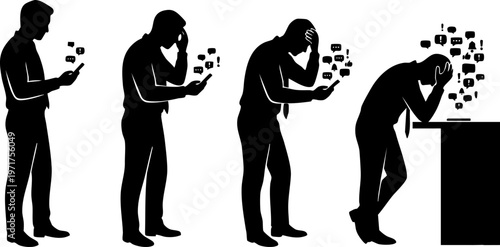 Smartphone addiction causing stress and mental overload, social media anxiety progression silhouette set