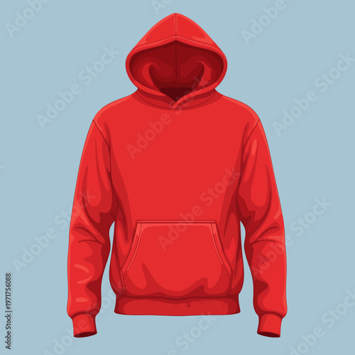 Vibrant red hooded sweatshirt, a cozy and stylish casual wear garment featuring a spacious front pouch pocket and adjustable drawstring hood, perfect for everyday comfort and modern fashion expression
