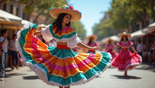 Young woman in colorful Mexican folkloric dress dances with joy at a vibrant street parade. Her layered skirt twirls as she moves to music, embracing cultural heritage and festive spirit.