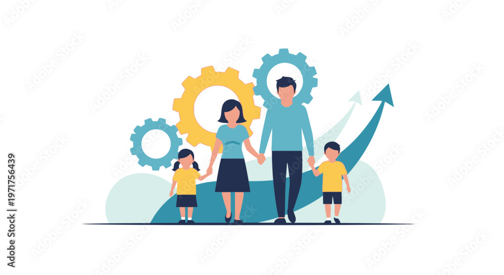 Fototapeta premium Family with gears and upward trending arrow symbolizing growth.