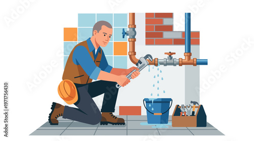 Professional Plumber Repairing a Leaking Water Pipe with a Wrench in Flat Vector Style - Home Maintenance and Emergency Plumbing Service Concept Illustration