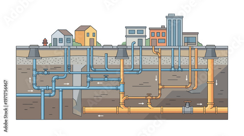 Underground Urban Utility Infrastructure Diagram Showing Water Pipes and Sewage Systems Under a City Street
