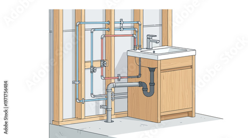 Bathroom Sink Plumbing Installation Diagram Showing Water Pipes and Drain System in Wall Frame