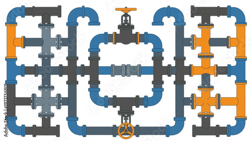 Complex Industrial Pipe Network Illustration - Symmetrical Plumbing System with Valves and Connectors for Infrastructure and Engineering Design