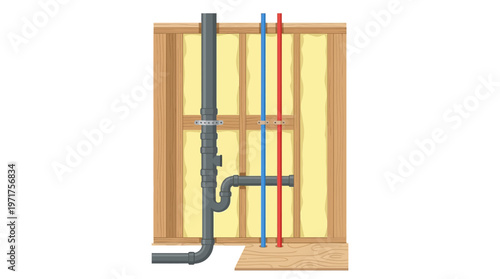 Residential Plumbing System Illustration with Pipes, Wall Framing, and Insulation