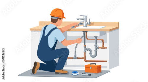 Professional Plumber in Overalls Repairing Kitchen Sink and Faucet - Home Maintenance and Plumbing Service Illustration