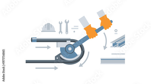 Industrial Illustration of a Manual Pipe Bender Tool with Hands in Safety Gloves, Construction Icons, Hard Hat, and Wrenches for Engineering and Plumbing Concepts