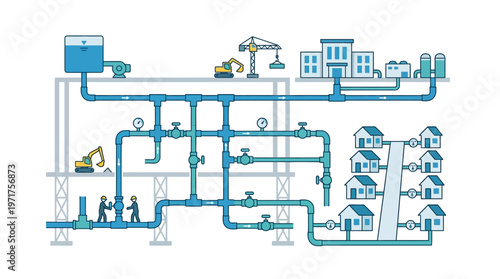 Water Distribution Infrastructure Infographic Illustration featuring a Network of Pipes, Pumps, and Utility Systems for Urban and Residential Supply