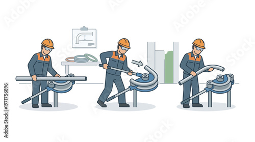 Industrial Worker Using Manual Pipe Bending Machine Step-by-Step Illustration