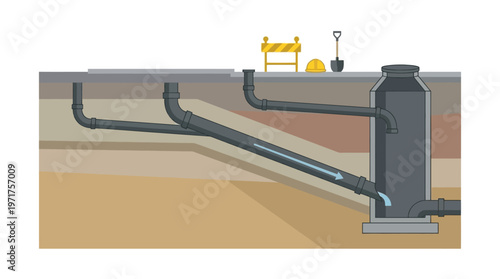 Underground Sewage and Drainage System Schematic Illustration, Cross-section of Waste Management Infrastructure with Pipes, Manhole, and Septic Tank