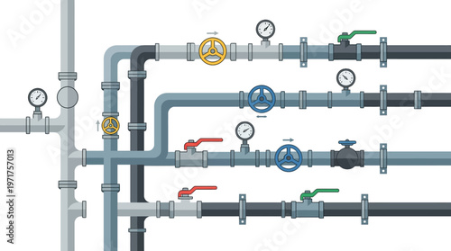 Industrial Piping System Vector Illustration with Valves, Gauges, and Faucets - Technical Plumbing and Engineering Schematic for Gas or Water Supply