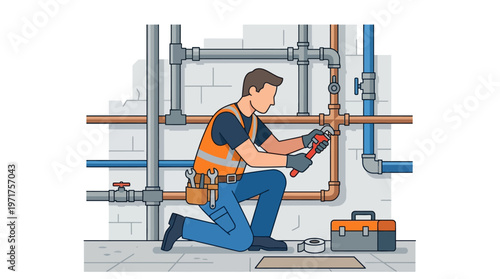 Professional Plumber in Safety Vest Repairing Water Pipes with Wrench, Home Maintenance and Construction Service Concept, Flat Vector Illustration
