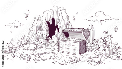 Mystical Cave Exploration with Treasure Chest and Map Vector Illustration