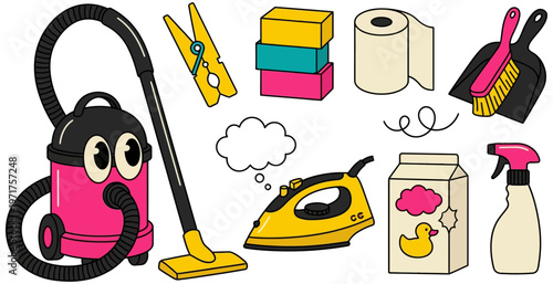 A collection of cartoon style cleaning supplies including a pink vacuum cleaner yellow iron dustpan brush spray bottle laundry detergent paper towel and clothespin household