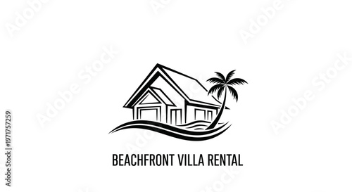 Beachfront Villa Rental Logo with Palm Tree and Waves Icon