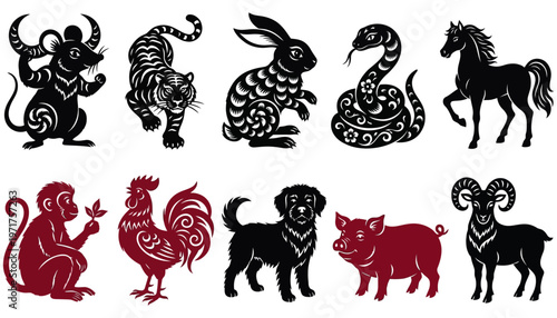 A collection of ten iconic animals from the Chinese zodiac rendered in a decorative silhouette art style displayed in two rows zodiac signs tiger rabbit snake horse monkey