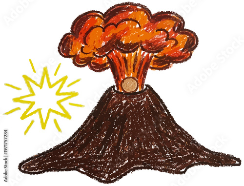 A crayon drawing depicts a stylized volcano erupting with orange and red smoke and a burst of yellow energy to the side eruption explosion fire mountain nature disaster seismic